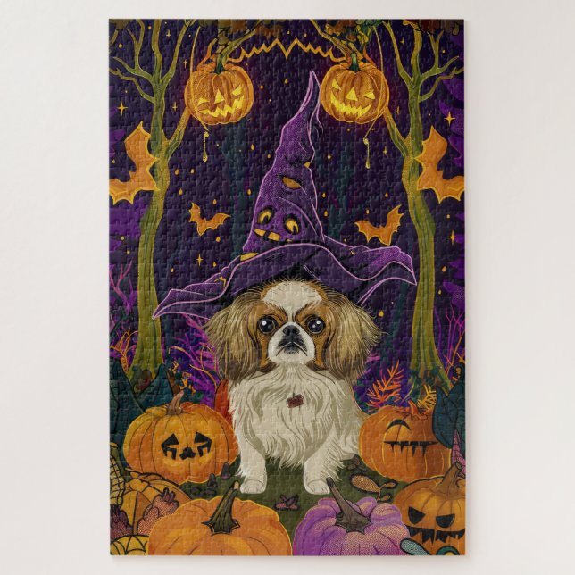 Quebra-cabeça Cachorro Assustador Pekingese Bruxa de Halloween e (Vertical)