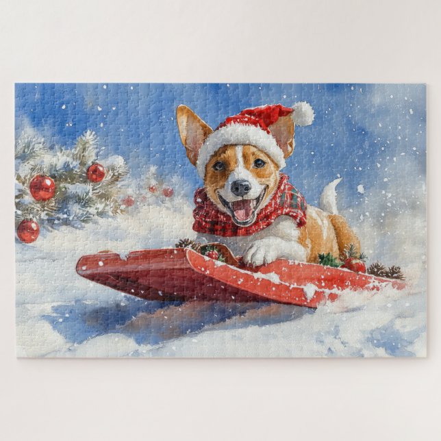 Quebra-cabeça Cachorro Basenji no Sledge Deixe-o nevar no Natal (Horizontal)