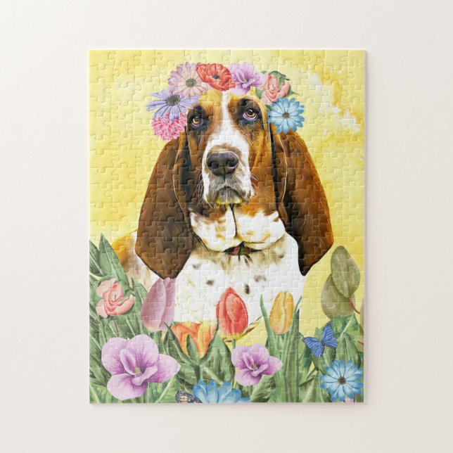 Quebra-cabeça Cachorro Basset com Primavera de Flores (Vertical)