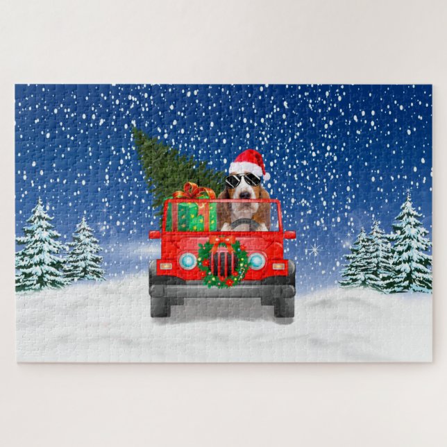 Quebra-cabeça Cachorro Basset Hound com presentes de Natal (Horizontal)