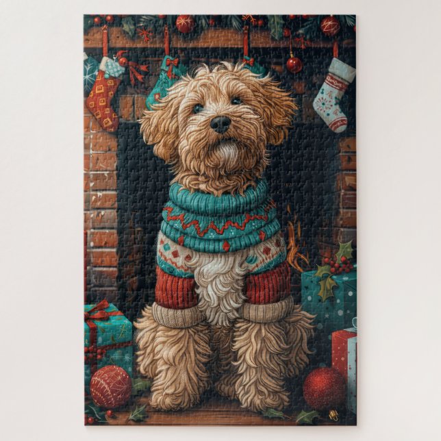 Quebra-cabeça Cachorro Bernedoodle com Presentes de Natal Lareir (Vertical)