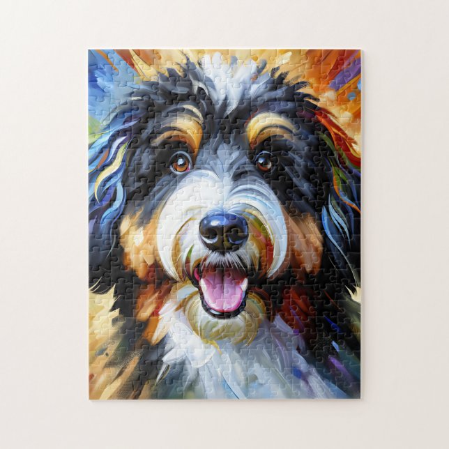 Quebra-cabeça Cachorro Bernedoodle Portraje Arte Acrílica Impres (Vertical)