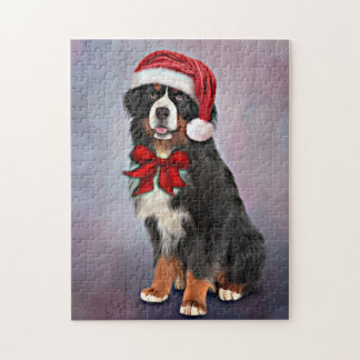 Quebra-cabeça Cachorro Bernese em chapéu vermelho de Papai Noel