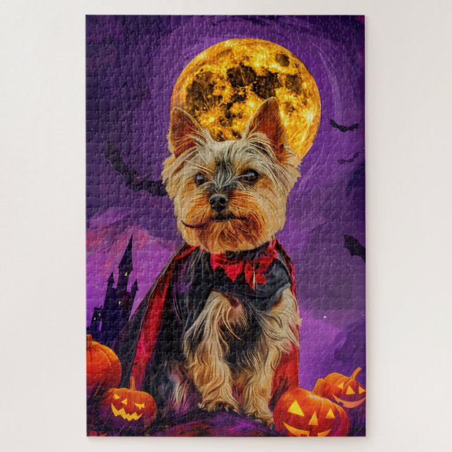 Quebra-cabeça Cachorro Biewer Terrier de Halloween Abóboras Assu (Vertical)