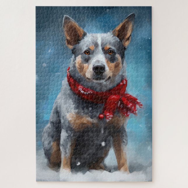 Quebra-cabeça Cachorro Blue Heeler na neve de Natal  (Vertical)