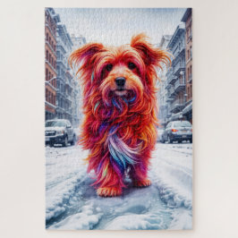 Quebra-cabeça Cachorro bonito perdido na estrada branca nevada