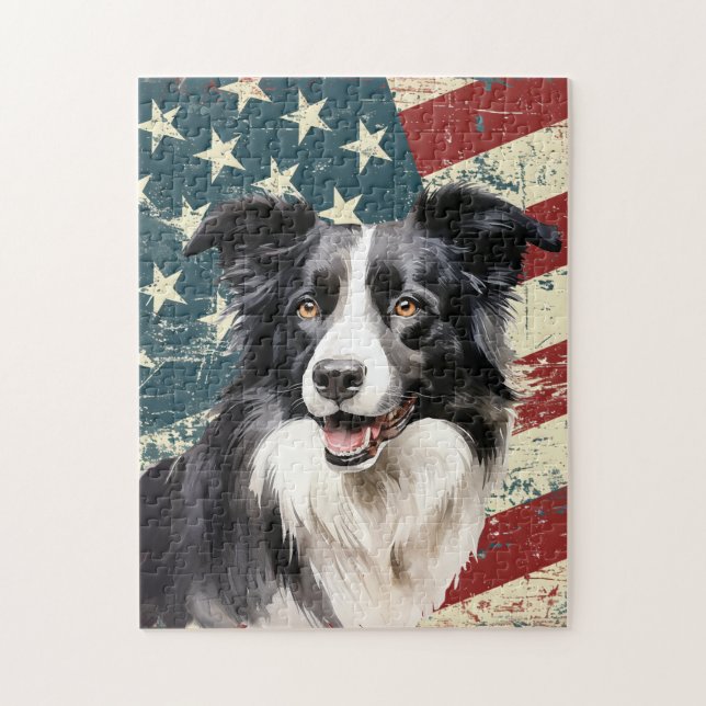 Quebra-cabeça Cachorro Border Collie com Bandeira Americana Grun (Vertical)
