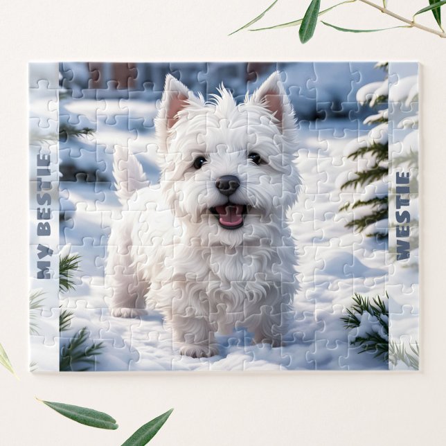 Quebra-cabeça Cachorro Branco Cachorro Branco Westit Winter Snow (Cute White Dog Westie Winter Snow Custom Name Jigsaw Puzzle)
