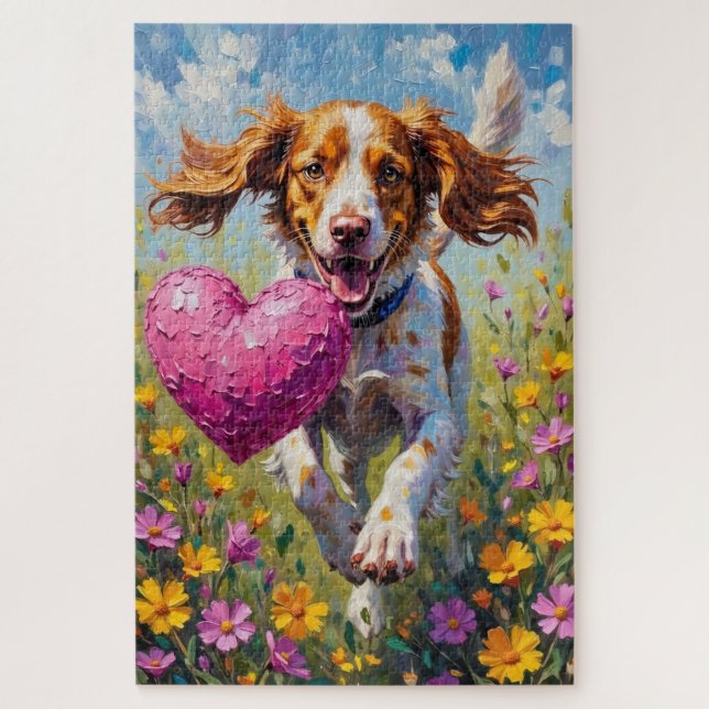 Quebra-cabeça Cachorro Brittany Spaniel Dia dos Namorados Boneco (Vertical)