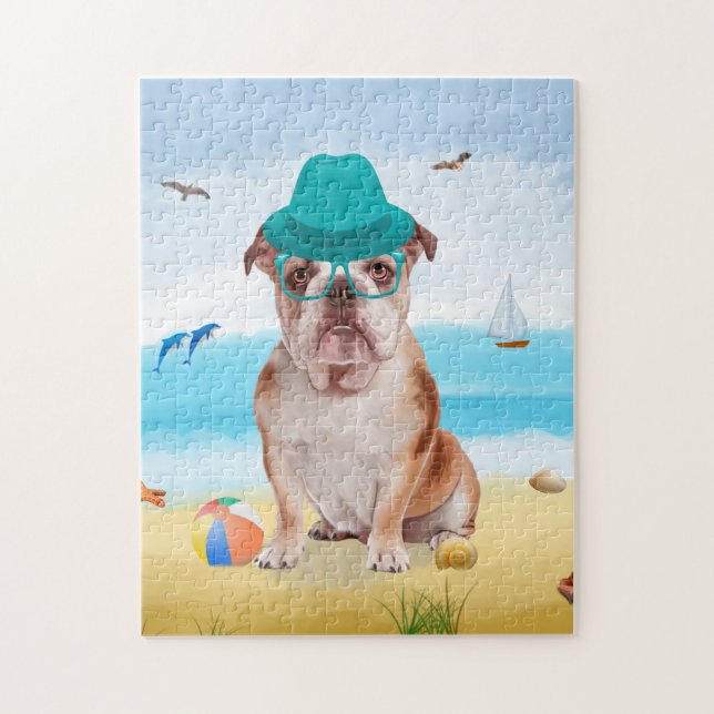 Quebra-cabeça Cachorro Bulldog Inglês na Praia (Vertical)