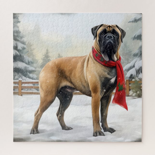 Quebra-cabeça Cachorro Bullmastiff no Natal da Neve (Vertical)