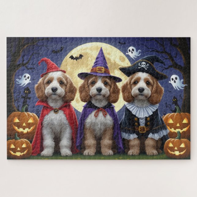 Quebra-cabeça Cachorro Cachorro Pumpkin Halloween Engraçado (Horizontal)