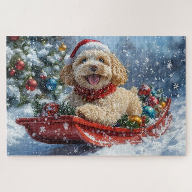 Quebra-cabeça Cachorro Cockapoo no Trenó Deixe Nevar Natal (Horizontal)