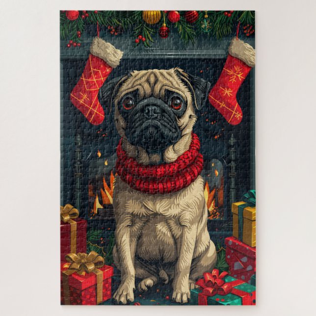Quebra-cabeça Cachorro Com Lareira De presentes de Natal (Vertical)