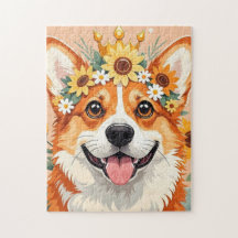 Cachorro corgi alegre coroa de margaridas e girass