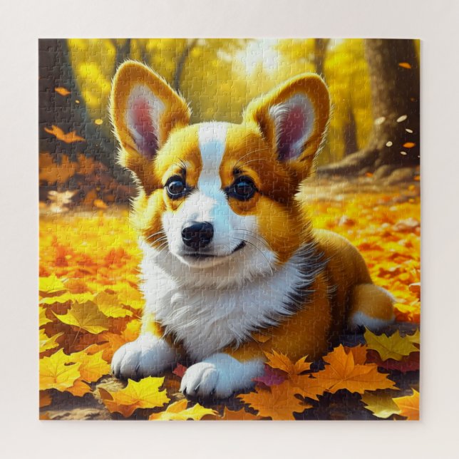 Quebra-cabeça Cachorro Corgi Brincando em Folhas de Queda (Vertical)