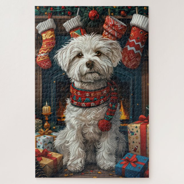 Quebra-cabeça Cachorro Coton De Tulear com Presentes de Natal La (Vertical)