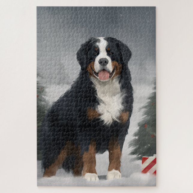 Quebra-cabeça Cachorro da Montanha Bernese no Natal da Neve (Vertical)