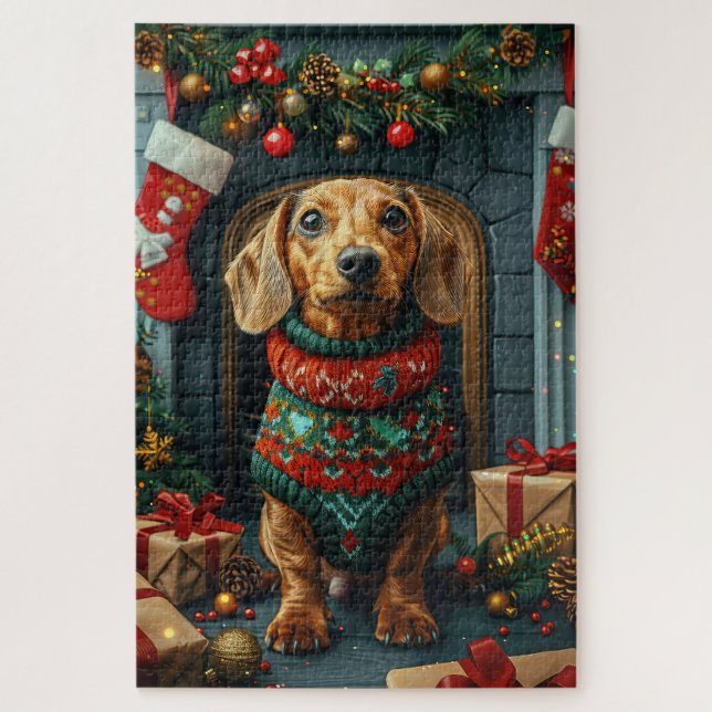 Quebra-cabeça Cachorro Dachshund Com Presentes De Natal Lareira (Vertical)