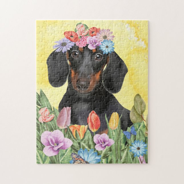 Quebra-cabeça Cachorro Dachshund com Primavera de Flores (Vertical)