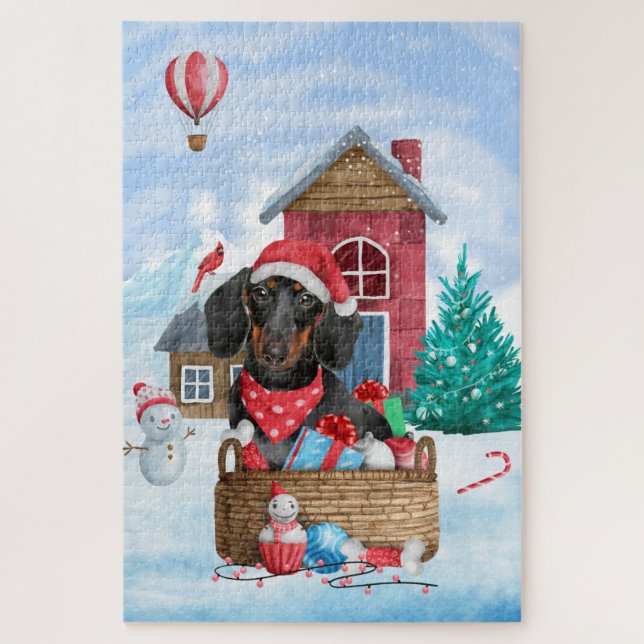 Quebra-cabeça Cachorro Dachshund na casa de Natal na neve (Vertical)