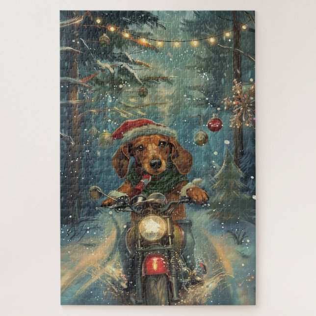 Quebra-cabeça Cachorro Dachshund Pilotando Moto Natal (Vertical)