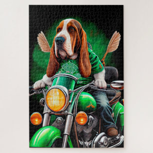 Quebra-cabeça Cachorro de Basset dirigindo Rua de bicicleta. Dia