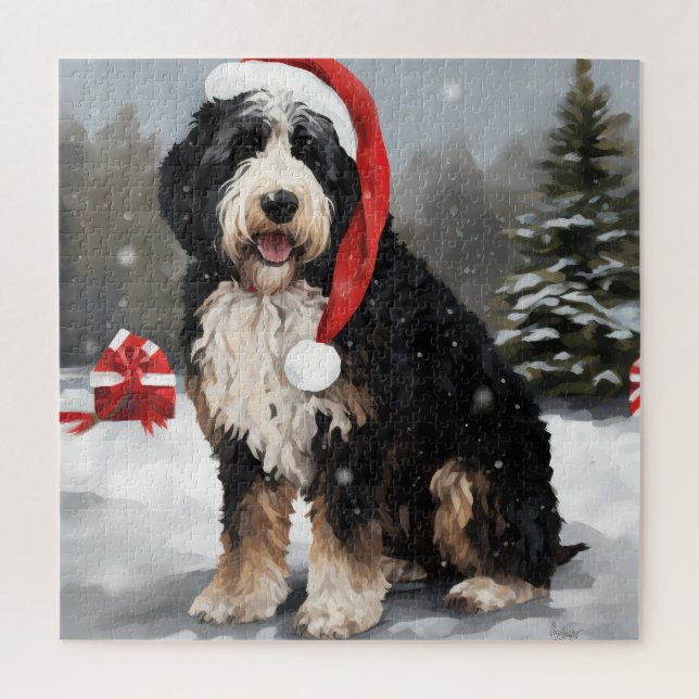 Quebra-cabeça Cachorro de Bernedoodle no Natal da Neve (Vertical)