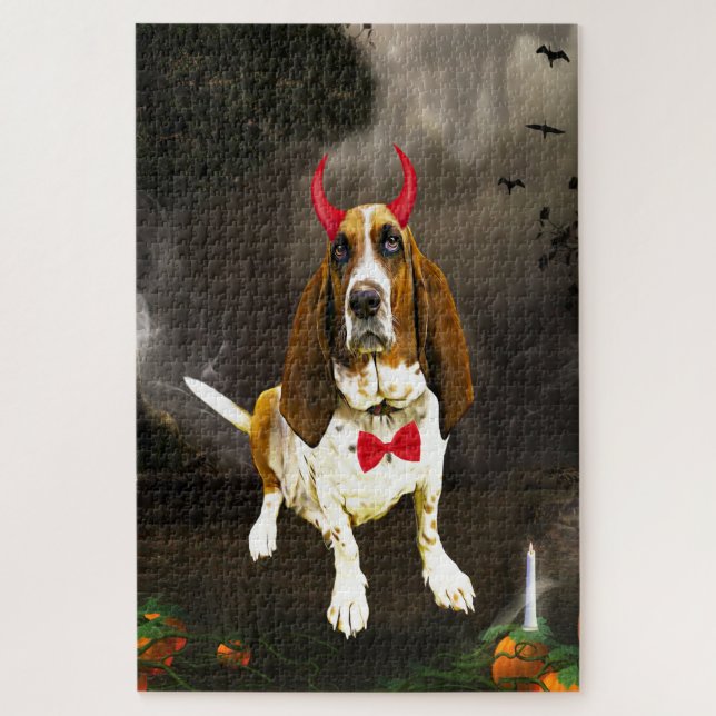 Quebra-cabeça Cachorro de Caça Basset na Figurina de Halloween (Vertical)