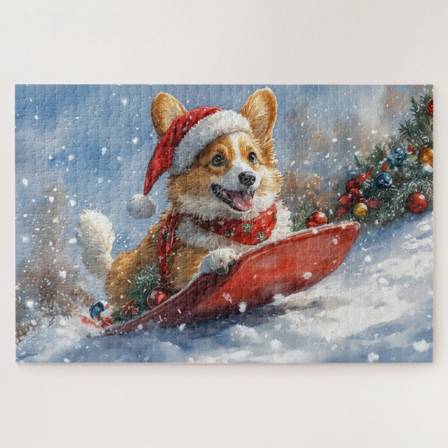 Quebra-cabeça Cachorro de Corgi, deixe nevar o Natal (Horizontal)