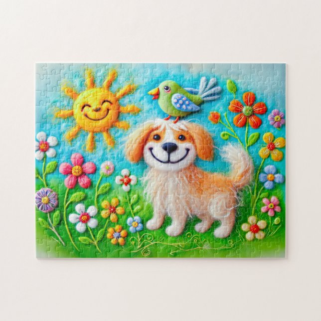 Quebra-cabeça Cachorro de Feltro Aproveitando o Sol de Verão (Horizontal)