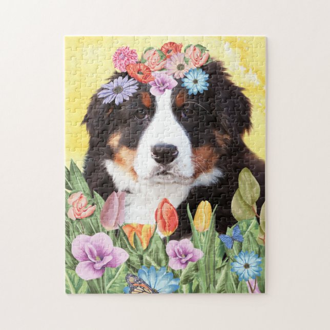Quebra-cabeça Cachorro de Montanha Bernese com Primavera de Flor (Vertical)