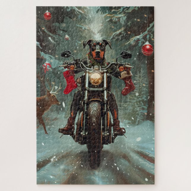 Quebra-cabeça Cachorro Doberman Andando de Motocicleta Natal (Vertical)