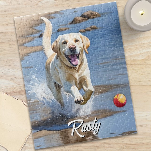 Quebra-cabeça Cachorro dourado Retriever Busca Aquarela Praia (Golden Retriever Fetch Watercolor Beach Dog Jigsaw Puzzle)