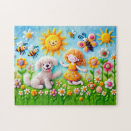 Quebra-cabeça Cachorro Feliz e Criança no Jardim Flor