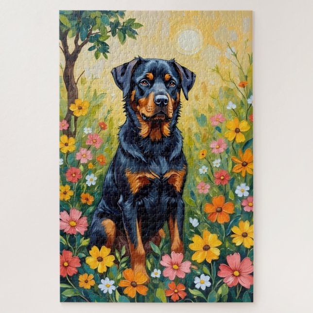 Quebra-cabeça Cachorro Floral de Jardim de Primavera Rottweiler (Vertical)