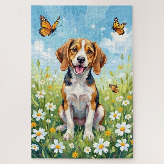 Quebra-cabeça Cachorro Floral de Primavera Beagle (Vertical)