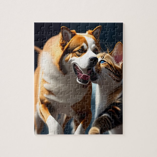 Quebra-cabeça Cachorro Fofo e Gato Brincando (Vertical)