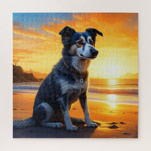 Quebra-cabeça Cachorro Fofo na Praia ao Pôr do Sol