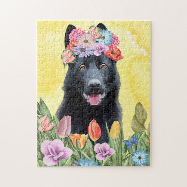Quebra-cabeça Cachorro German shepherd Preto com Primavera de Fl (Vertical)