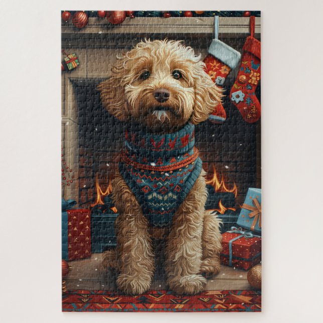 Quebra-cabeça Cachorro Goldendoodle com Presentes de Natal Larei (Vertical)