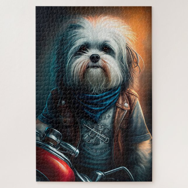 Quebra-cabeça Cachorro Havanese em bicicleta pintura digital (Vertical)