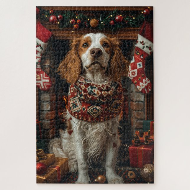 Quebra-cabeça Cachorro Inglês com Lareira de presentes de Natal (Vertical)