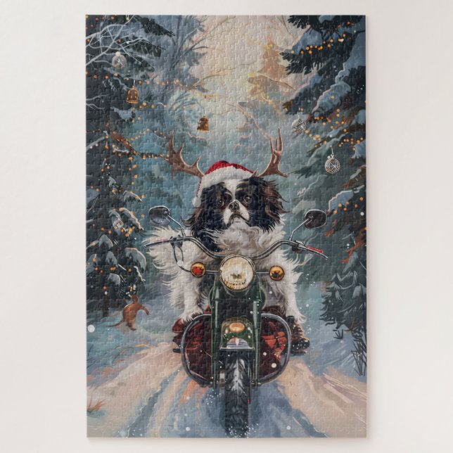 Quebra-cabeça Cachorro Japonês Chin Andando de Moto Natal (Vertical)