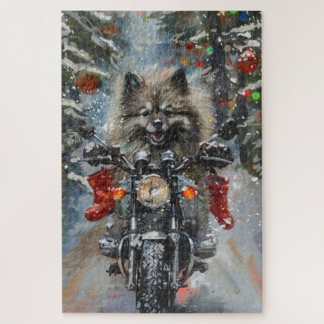 Quebra-cabeça Cachorro Keeshond Andando de Motocicleta Natal (Vertical)