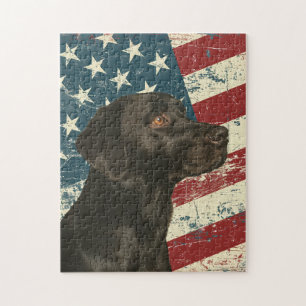 Quebra-cabeça Cachorro Labrador Retriever Preto Bandeira America