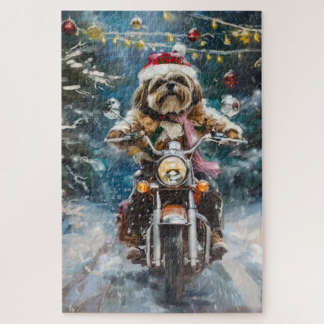 Quebra-cabeça Cachorro Lhasa Apso Pilotando Motocicleta Natal (Vertical)