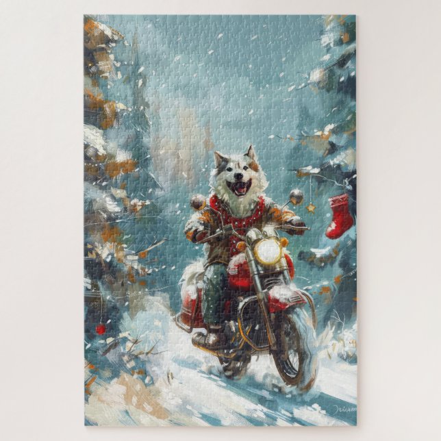 Quebra-cabeça Cachorro Malamute do Alasca Pilotando Moto Natal  (Vertical)