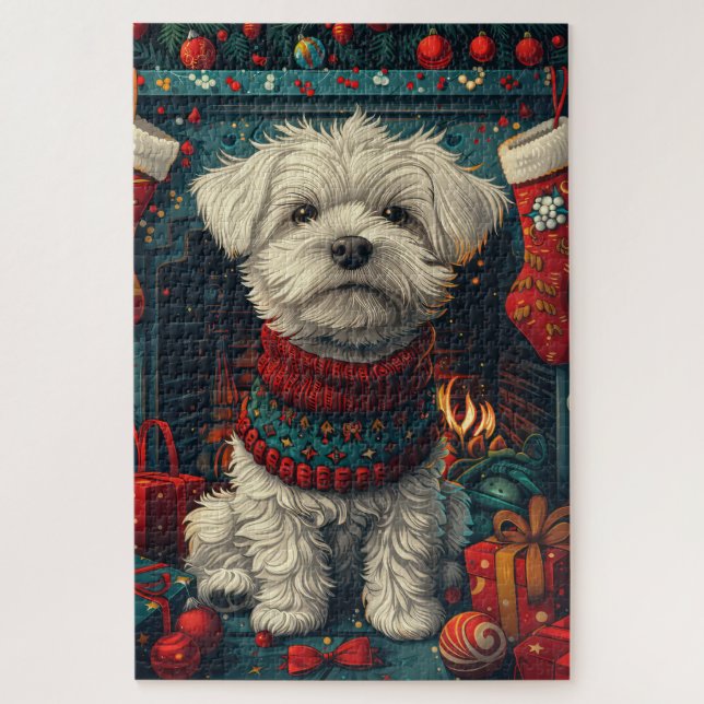 Quebra-cabeça Cachorro Maltês com Lareira de presentes de Natal (Vertical)