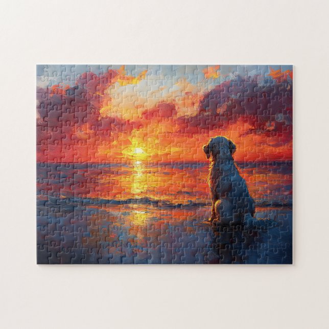 Quebra-cabeça Cachorro na praia observando o pôr do sol (Horizontal)